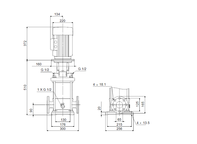 Габаритные размеры насоса Grundfos CR 15-4 A-F-A-E-HQQE артикул: 96501895