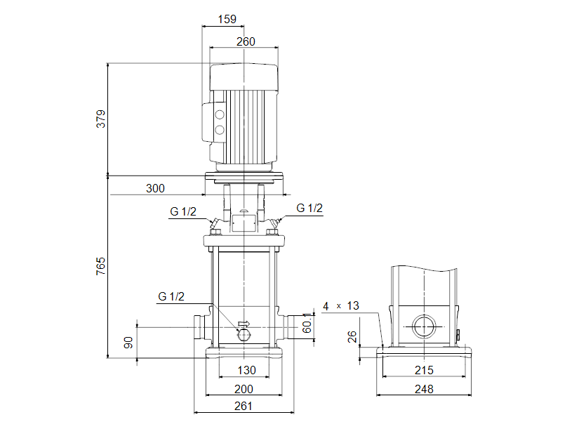Габаритные размеры насоса Grundfos CRN 15-9 A-P-A-E-HQQE артикул: 96501954