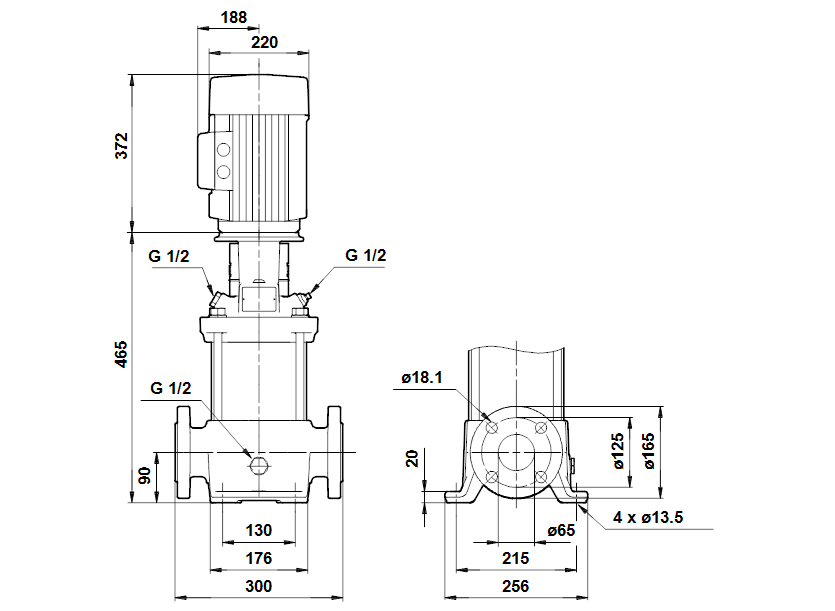Габаритные размеры насоса Grundfos CRE 20-3 A-F-A-E-HQQE артикул: 96512875