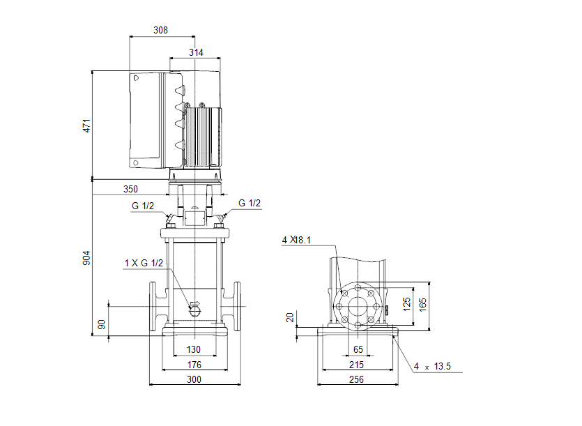 Габаритные размеры насоса Grundfos CRE 15-10 N-F-A-E-HQQE артикул: 96514575