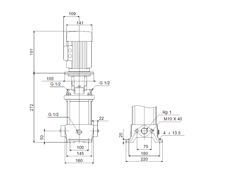 Габаритные размеры насоса Grundfos CR 1S-4 A-A-A-E-HQQE артикул: 96515599