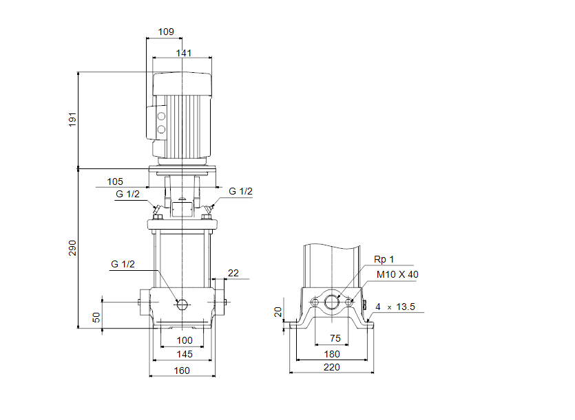 Габаритные размеры насоса Grundfos CR 1S-5 A-A-A-E-HQQE артикул: 96515600