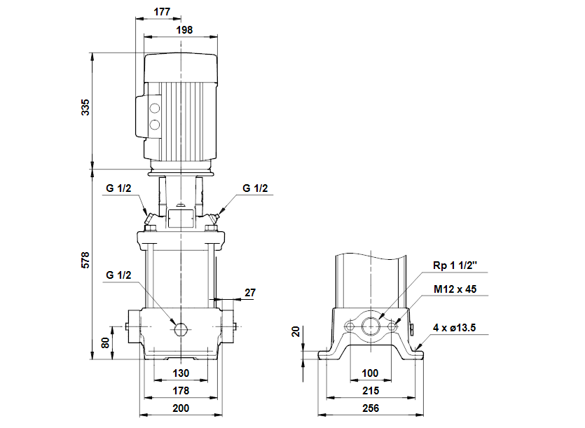 Габаритные размеры насоса Grundfos CRE 10-9 G-A-A-E-HQQE артикул: 96522226