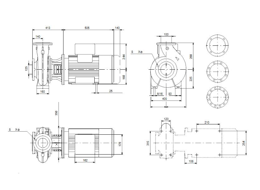 Габаритные размеры насоса Grundfos NB 100-250/211 A-F-A-GQQE артикул: 96536413