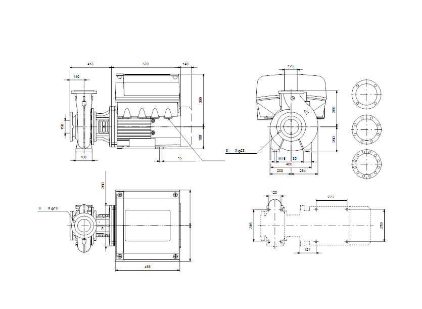 Габаритные размеры насоса Grundfos NBE 125-250/224 A-F-A-BAQE артикул: 96539905