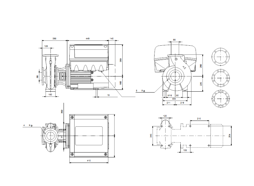 Габаритные размеры насоса Grundfos NBE 65-315/270 A-F-A-GQQE артикул: 96539990