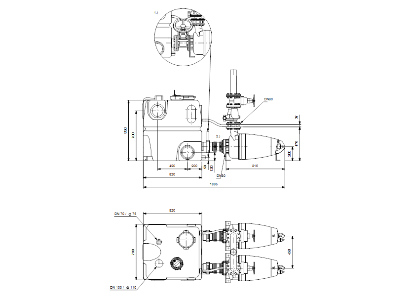 Габаритные размеры насоса Grundfos MDV.80.80.75.2.51D/450.SE артикул: 96741485