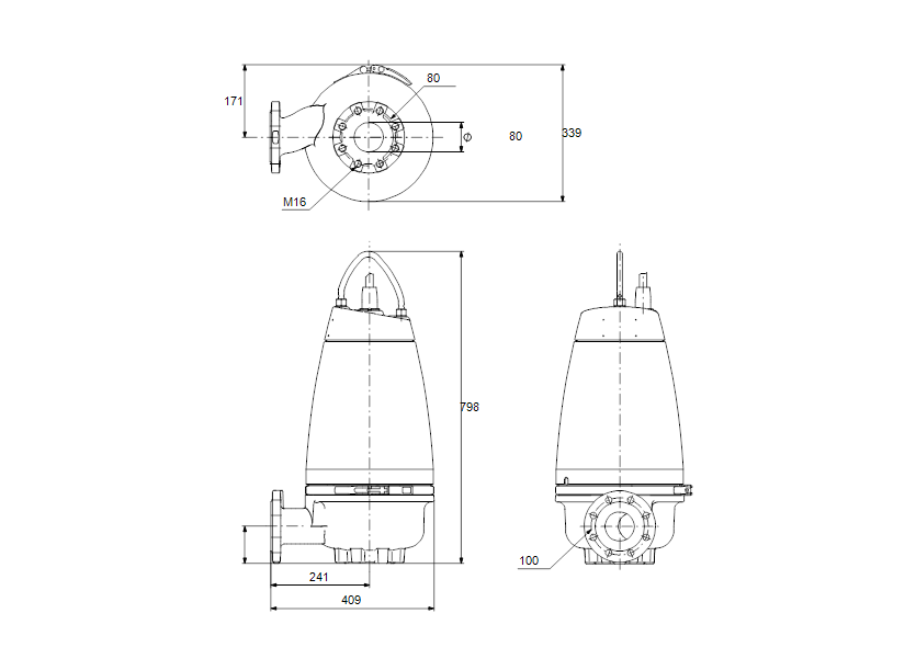 Габаритные размеры насоса Grundfos SEV.80.100.15.Ex.4.50D артикул: 96780718