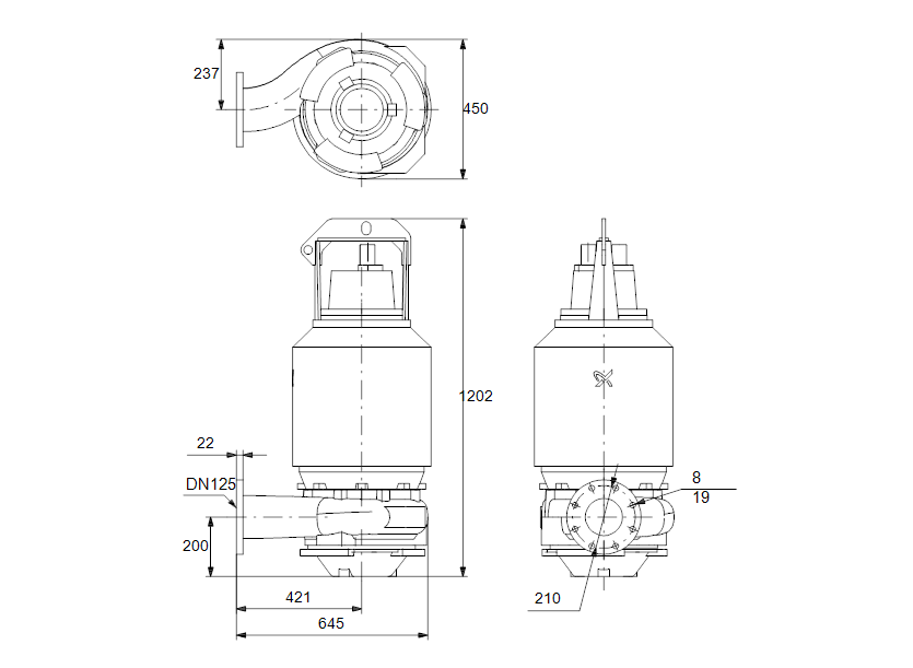 Габаритные размеры насоса Grundfos S1.80.125.260.4.58H.S.341.G.N.D артикул: 96781529
