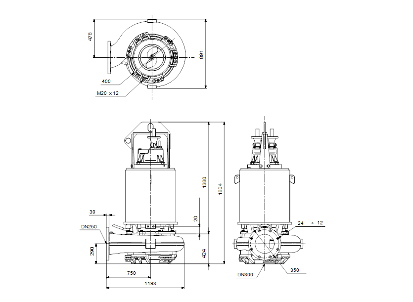 Габаритные размеры насоса Grundfos S2.120.250.1000.6.70H.H.500.G.N.D.513 артикул: 96796969