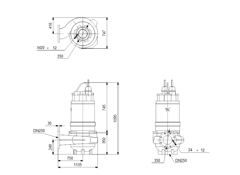 Габаритные размеры насоса Grundfos S2.100.250.135.4.54E.D.218.R.EX.D.511 артикул: 96811418