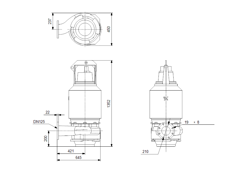 Габаритные размеры насоса Grundfos S1.80.125.260.4.58H.S.341.Q.N.D.511 артикул: 96811520