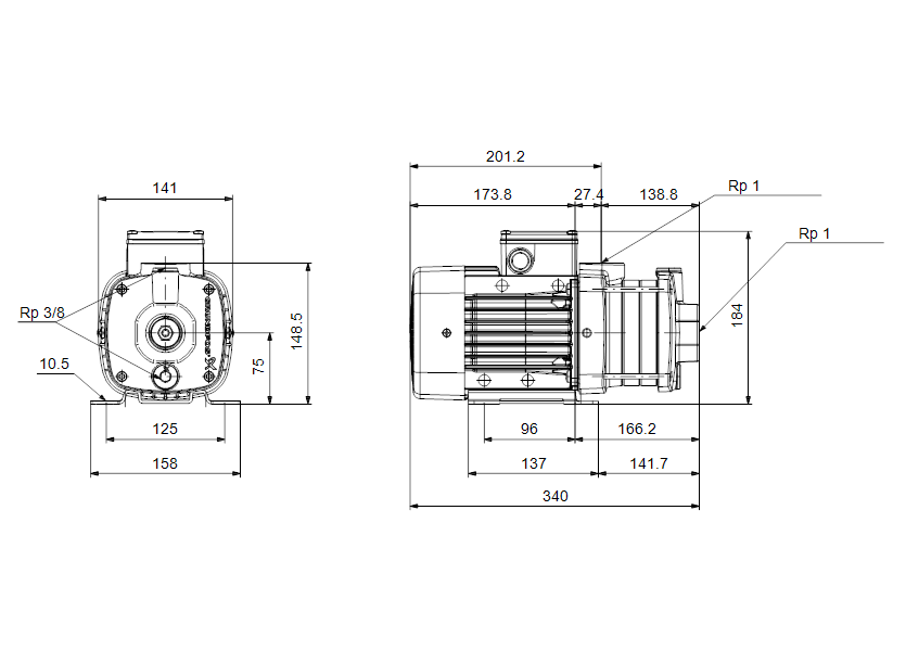 Габаритные размеры насоса Grundfos CM 1-5 A-R-A-E-AVBE артикул: 96935404