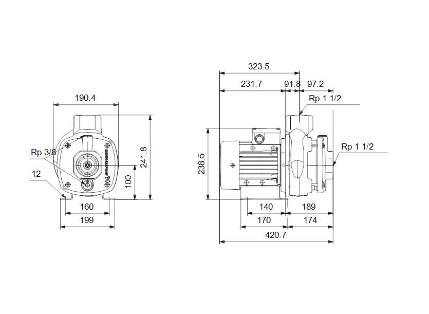 Габаритные размеры насоса Grundfos CM 10-2 A-R-A-E-AVBE артикул: 96935481