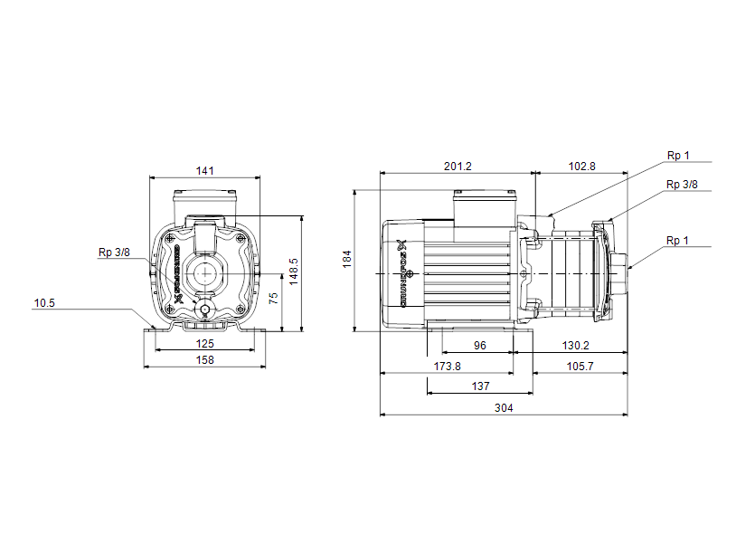 Габаритные размеры насоса Grundfos CM 1-3 A-R-A-E-AVBE O-A-A-N артикул: 96935682