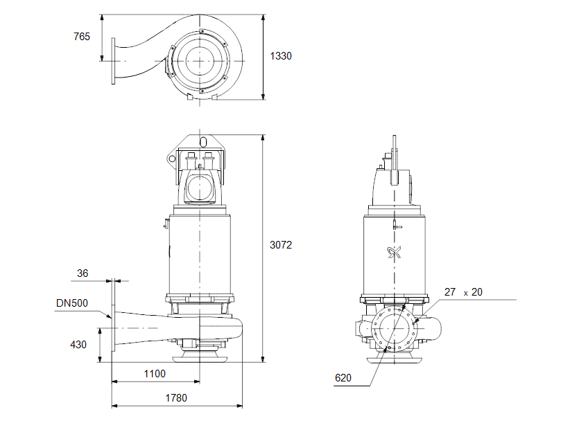 Габаритные размеры насоса Grundfos S3.135.500.3150.6.74L.C.576.G.N.D.518 артикул: 96981010