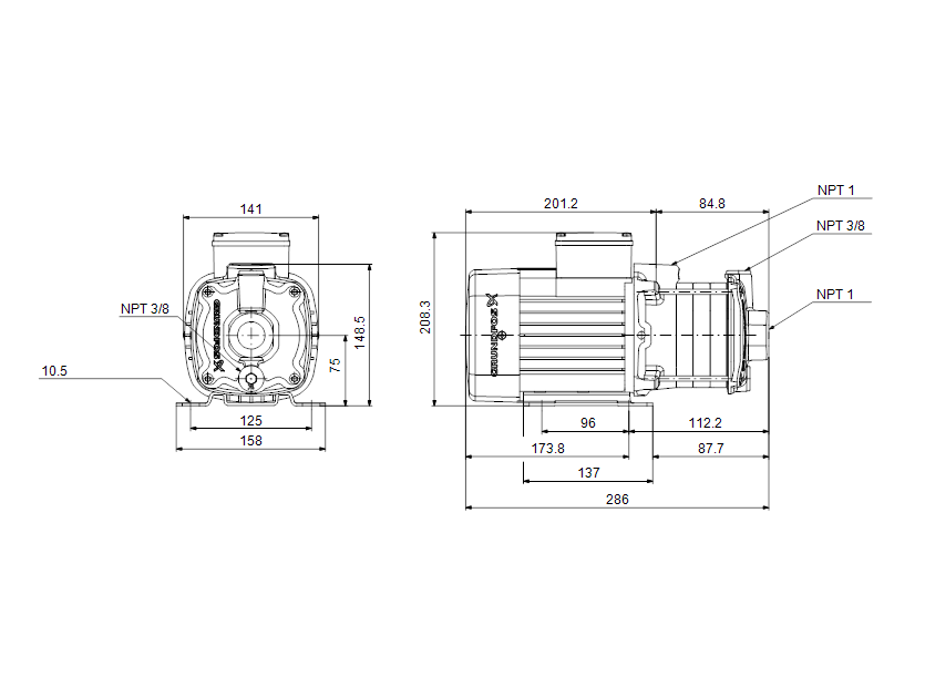 Габаритные размеры насоса Grundfos CM 3-2 A-S-A-E-AQQE B-A-A-N артикул: 97568313