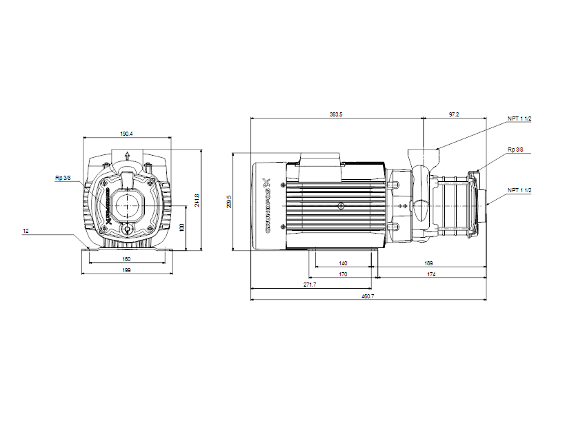 Габаритные размеры насоса Grundfos CM 10-2 A-S-A-V-AQQV артикул: 97568549