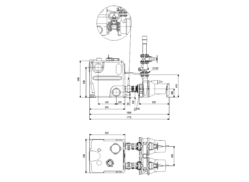 Габаритные размеры насоса Grundfos MDV.80.80.60.2.51D/450.SL артикул: 97577838