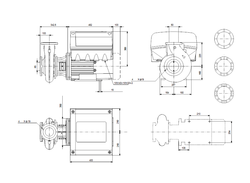 Габаритные размеры насоса Grundfos NBE 50-250/205 AF2KBQQE артикул: 97710545