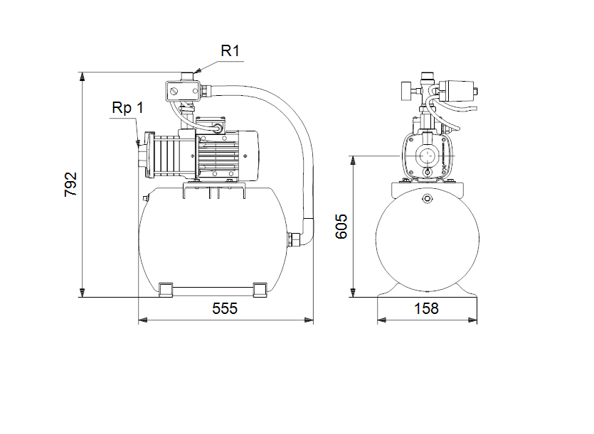 Габаритные размеры насоса Grundfos CMB 3-55 A-C-A-C-P-A 1x220-240V 50Hz 60L артикул: 97766992