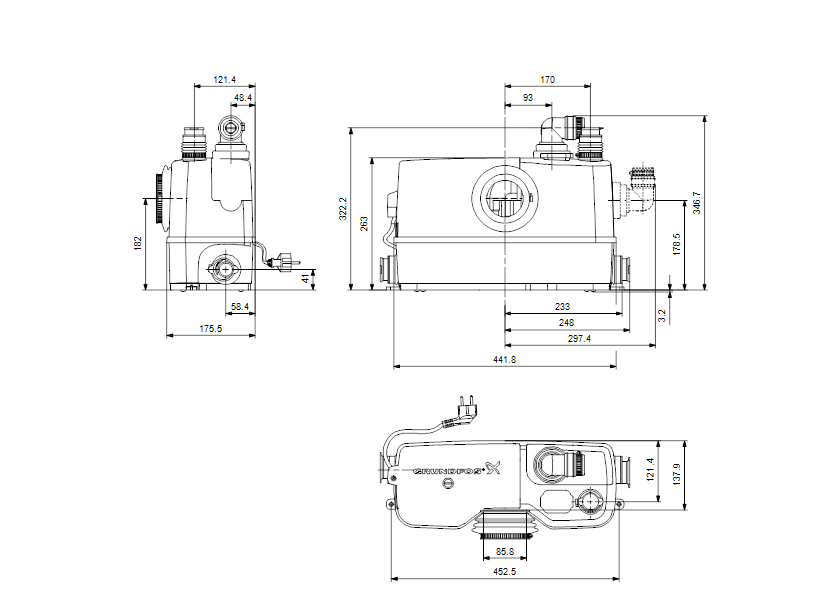 Габаритные размеры насоса Grundfos SOLOLIFT2 WC-3 артикул: 97775315