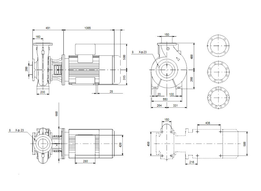 Габаритные размеры насоса Grundfos NB 150-315/326 AF1BBAQE артикул: 97839012