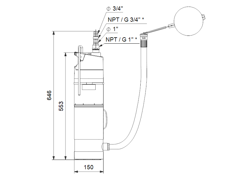 Габаритные размеры насоса Grundfos SBA 3-45 AW 230V 50Hz 15m Schuko, GAS IT артикул: 97896312