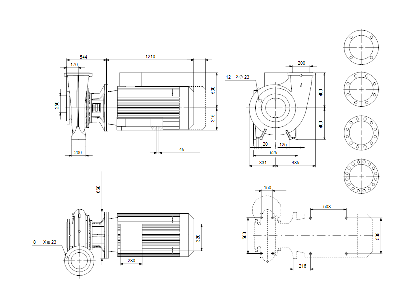 Габаритные размеры насоса Grundfos NB 200-400/344 AF1BBAQE артикул: 97922069