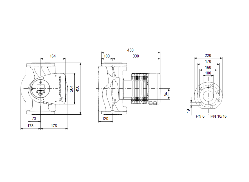 Габаритные размеры насоса Grundfos MAGNA3 100-120 F 450 1x230V PN10 артикул: 97924325