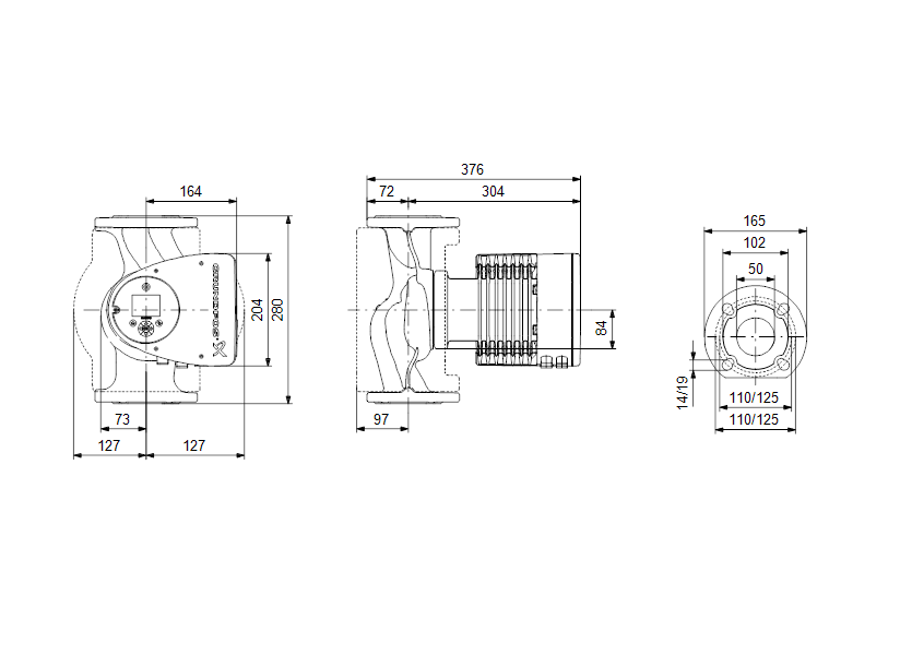 Габаритные размеры насоса Grundfos MAGNA3 50-180 F N 280 1x230V PN6/10 артикул: 97924360