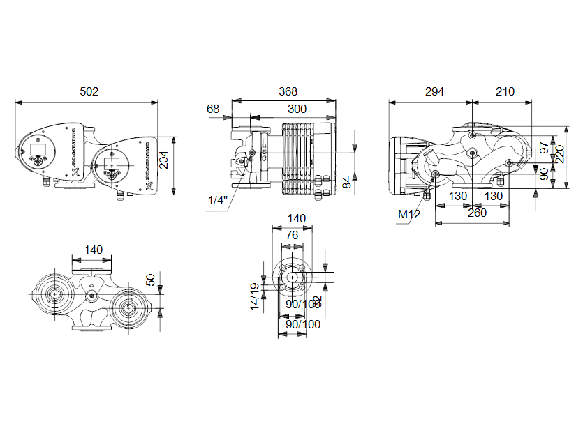 Габаритные размеры насоса Grundfos MAGNA3 D 32-120 F артикул: 97924454