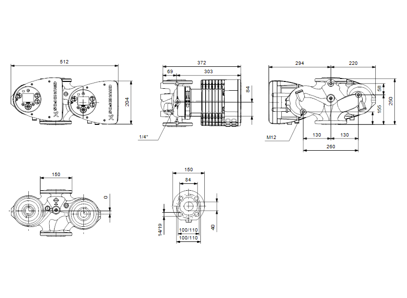 Габаритные размеры насоса Grundfos MAGNA3 D 40-150 F артикул: 97924466