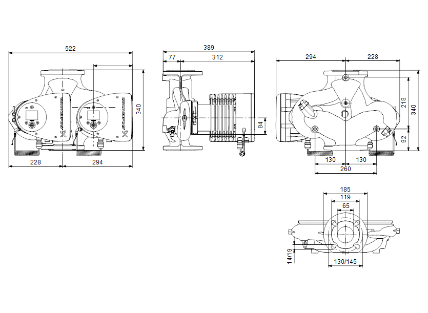 Габаритные размеры насоса Grundfos MAGNA3 D 65-100 F артикул: 97924492