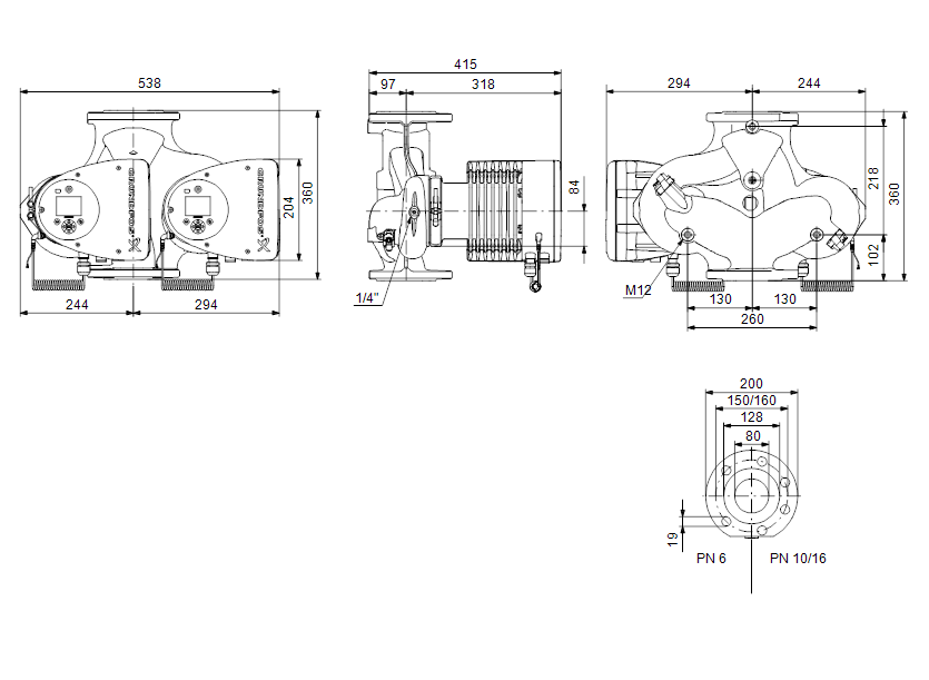 Габаритные размеры насоса Grundfos MAGNA3 D 80-60 F артикул: 97924502