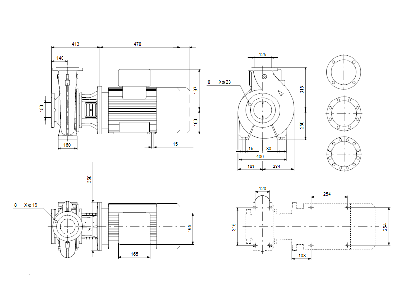Габаритные размеры насоса Grundfos NB 125-200/221 A-F-B-GQQE артикул: 98080339