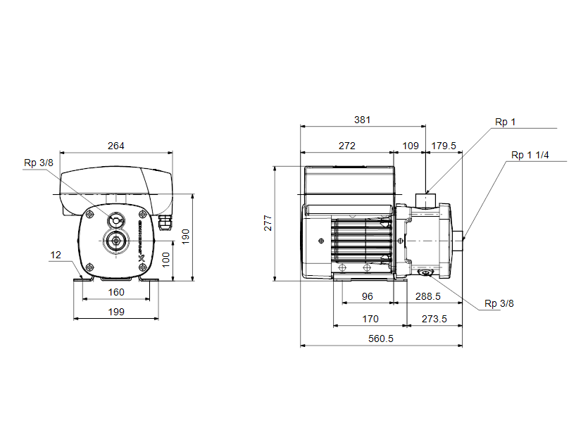 Габаритные размеры насоса Grundfos CME 5-8 X-R-I-E-AQQE артикул: 98084490