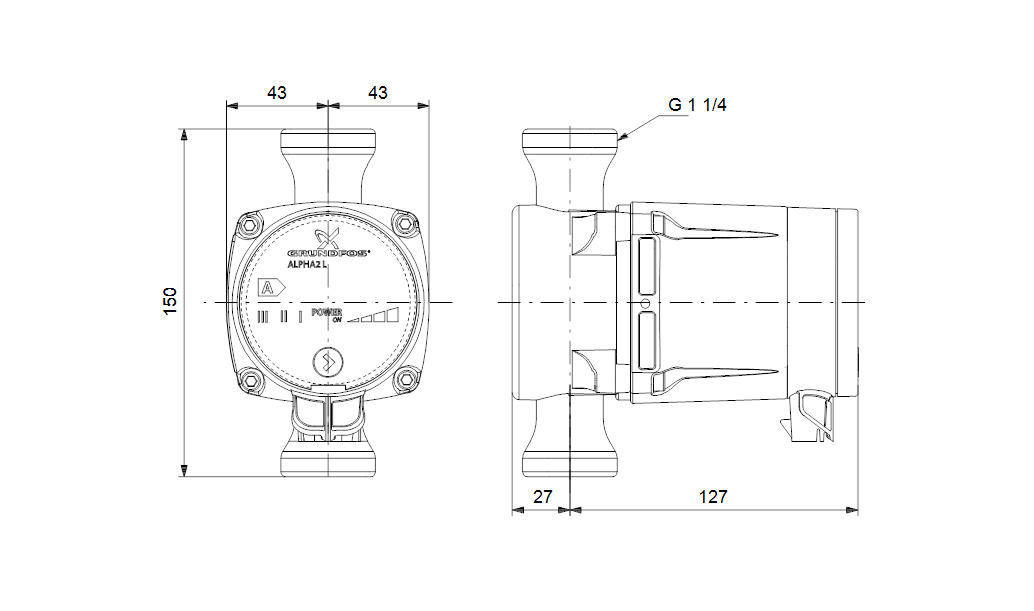 Габаритные размеры насоса Grundfos ALPHA2 L 20-45 N 150 1x230V 50Hz 6H RU артикул: 98094952