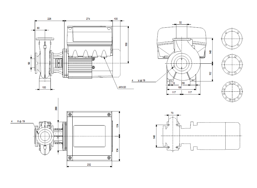 Габаритные размеры насоса Grundfos NBE 32-125/115 AF2BBAQE артикул: 98111298