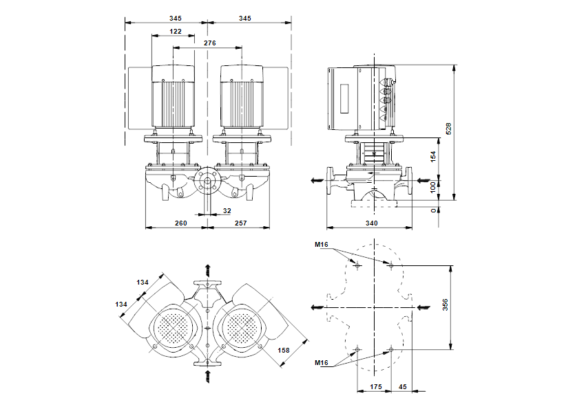 Габаритные размеры насоса Grundfos TPED 32-320/2-A-F-A-BAQE 3X400 50HZ артикул: 98112549