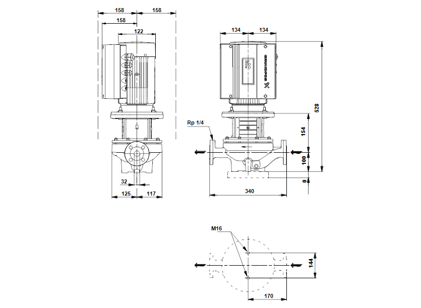 Габаритные размеры насоса Grundfos TPE 32-320/2-A-F-A-BQQE 3X400 50HZ артикул: 98112558