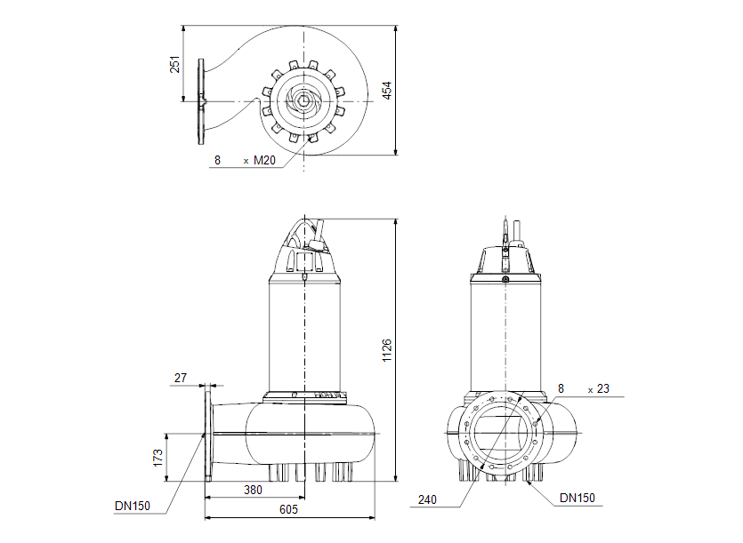 Габаритные размеры насоса Grundfos SE1.85.150.150.4.52H.H.EX.51D артикул: 98174857