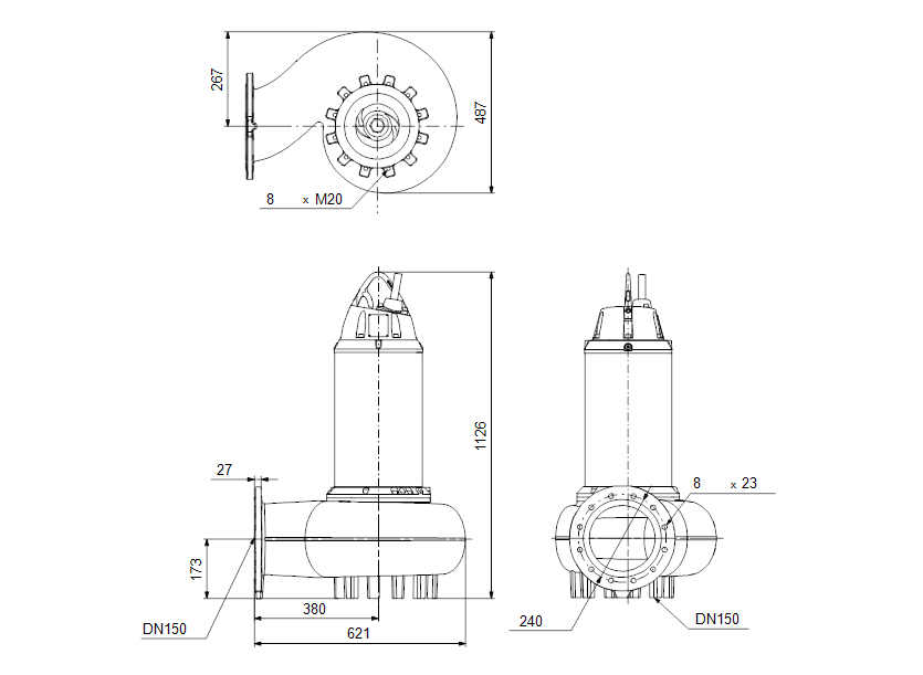 Габаритные размеры насоса Grundfos SE1.95.150.170.4.52H.H.EX.51D артикул: 98179874