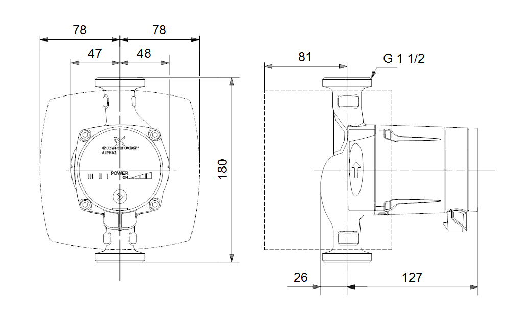 Габаритные размеры насоса Grundfos ALPHA2 L 25-40 180 1x230V 50Hz 6H RU артикул: 98257789