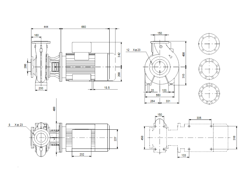 Габаритные размеры насоса Grundfos NBG 200-150-315.1/341 AF2BSBAQE артикул: 98274721
