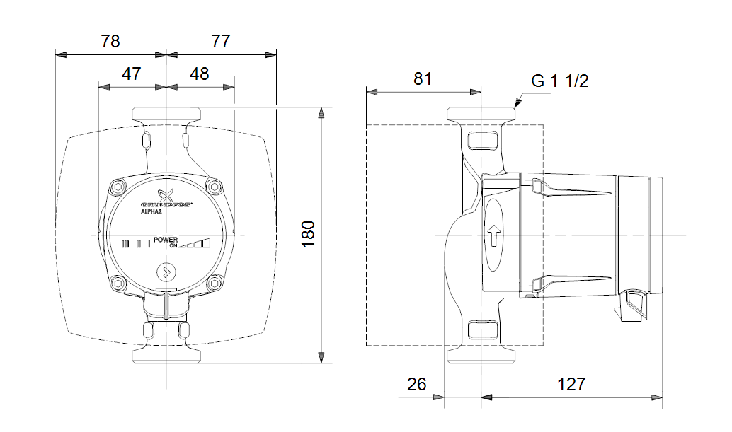 Габаритные размеры насоса Grundfos ALPHA2 L 25-60 180 1x230V 50Hz 6H RU артикул: 98286490