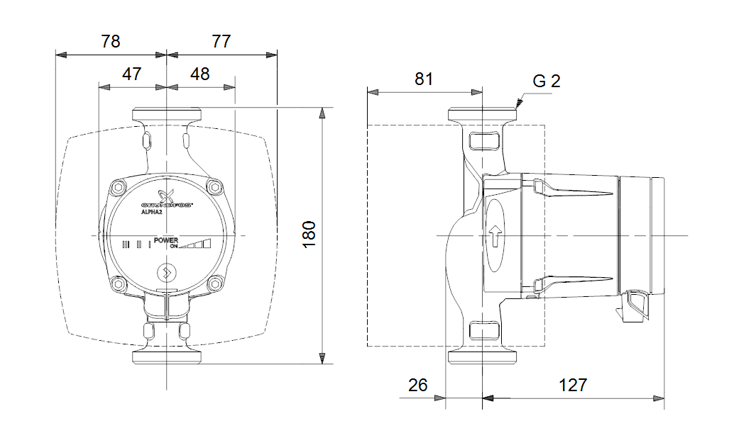 Габаритные размеры насоса Grundfos ALPHA2 L 32-60 180 1x230V 50Hz 6H RU артикул: 98286503