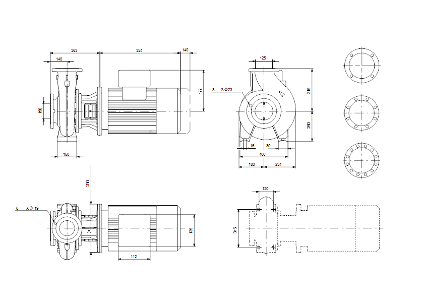 Габаритные размеры насоса Grundfos NB 125-200/205 A-F2-K-E-BQQE артикул: 98308875