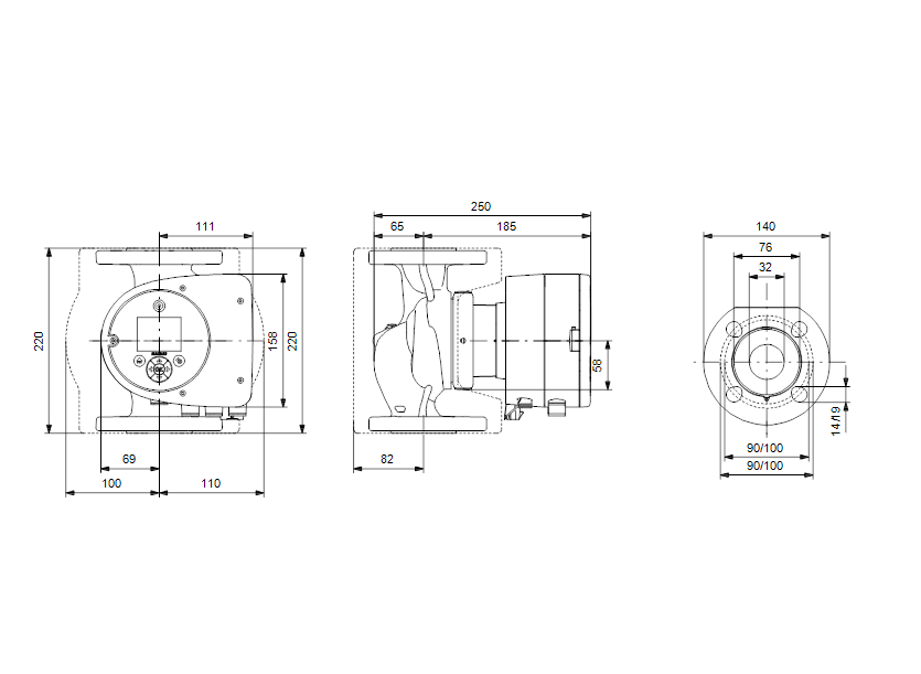 Габаритные размеры насоса Grundfos MAGNA3 32-40 F N 220 1x230V PN6/10 артикул: 98333836