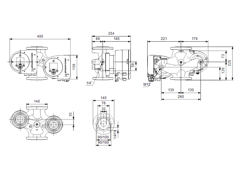 Габаритные размеры насоса Grundfos MAGNA3 D 32-60 F артикул: 98333860